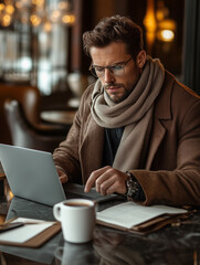 Businessman working on laptop in cafe, enjoying coffee and planning strategy