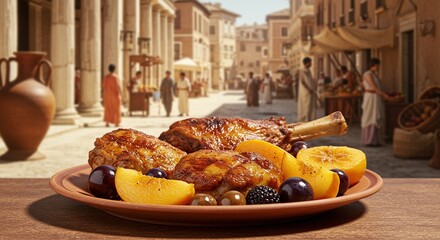 Roman Feast Still Life with Roasted Meat and Fruits - Historical Food Presentation.