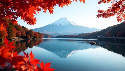 Fototapeta premium Mount Fuji and Autumn Foliage Reflecting on Lake
