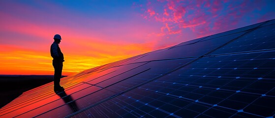 Person standing on solar panels during a colorful sunset scene