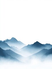 Fototapeta premium Digital illustration of a mountain range. the mountains are in a light blue color and are covered in a layer of fog or mist. the background is white, making the mountains stand out.