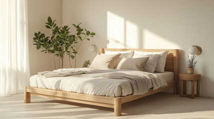 Modern wooden bed with soft bedding and indoor plants