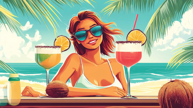 Cocktail party flyers with woman holding coconuts with straws on sea beach and bartender in wooden bar. Vector posters with cartoon illustration of girl with exotic cocktails and drinks in coco