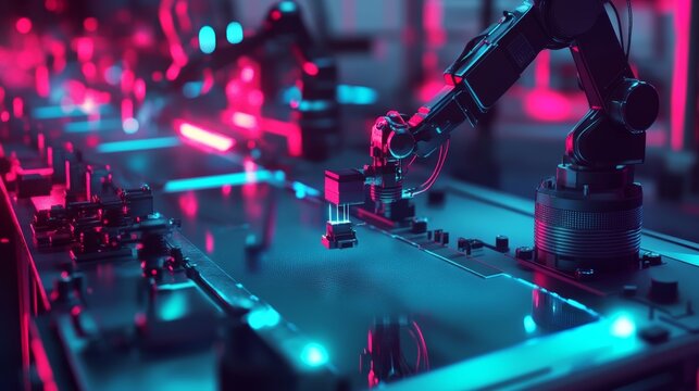 An AI developer training machine vision models for industrial automation, futuristic factory floor with robots and cameras capturing data for vision systems, Industrial style