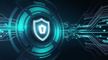 Glowing teal shield with keyhole, set within a circular technological design, symbolizing digital security and data protection, ideal for cybersecurity websites or presentations