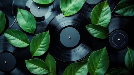 Black vinyl records intertwined with vibrant green leaves, creating a blend of nature and music.