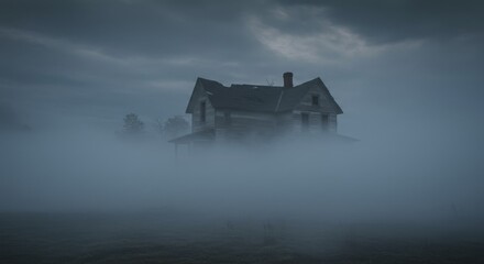 Eerie Abandoned Farmhouse Shrouded in Thick Fog Mystical Rural Scene