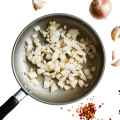 PNG Illustration of a Culinary Preparation with Garlic, Onion, Thyme, Black Peppercorns, and Diced Onions in a Saucepan