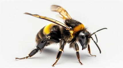 Realistic photograph of a bee, side view, against a white background, high-resolution photography