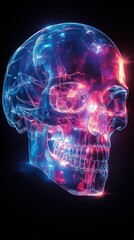 Neon-lit transparent skull artwork with vibrant blue and pink hues.