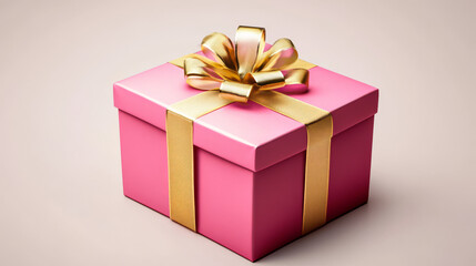 Obraz premium 3D render gift box with golden ribbon. Isolated closed pink package with glossy bow on background. Holiday surprise, present for birthday, christmas or wedding, Realistic illustration. 3D Illustration
