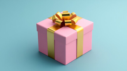 Obraz premium 3D render gift box with golden ribbon. Isolated closed pink package with glossy bow on background. Holiday surprise, present for birthday, christmas or wedding, Realistic illustration. 3D Illustration