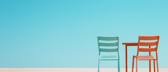 Two chairs and a small table against a bright blue sky. the chairs are made of metal and have a modern design with a curved backrest and armrests.