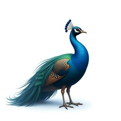 Fototapeta premium Beautiful peacock with colorful feathers and bright plumage standing proud on a white background