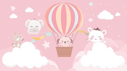 A whimsical illustration of cute animals in a hot air balloon floating among pastel clouds, creating a playful and dreamy scene.