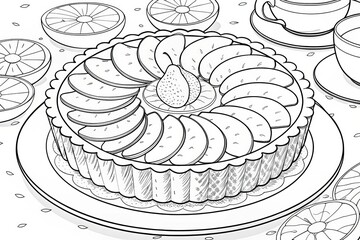 Afternoon tea theme, Delicious fruit tart elegantly arranged with a central pear and surrounded by citrus slices. Outline for coloring.
