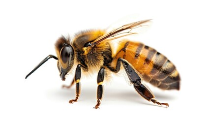 Realistic photograph of a bee, side view, against a white background, high-resolution photography