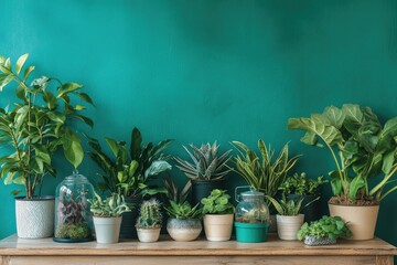 Variety of houseplants displayed on a wooden surface against a teal wall