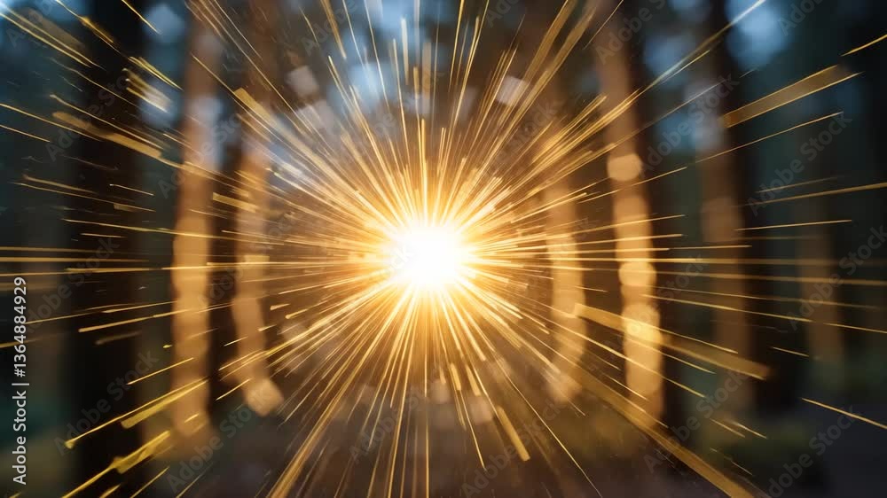 Wall mural vibrant light bursting with bokeh effect and forest background scene