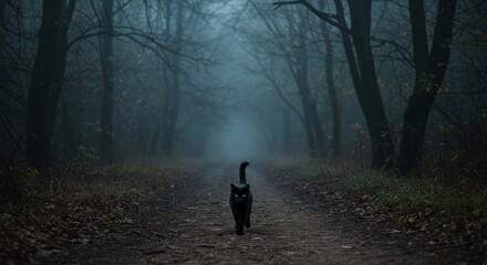 Mysterious Black Cat Walking on Foggy Forest Path at Dawn