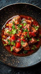 A vibrant dish featuring diced meat, fresh herbs, and vegetables in a rich sauce, presented in a stylish black bowl on a dark background.