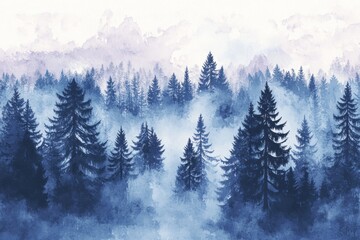 The artwork displays a misty forest landscape with tall evergreen trees