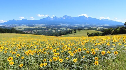 Fototapeta premium A beautiful field of sunflowers with mountain scenery in distance