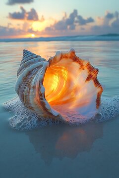 A beautiful seashell resting on the beach at sunrise or sunset