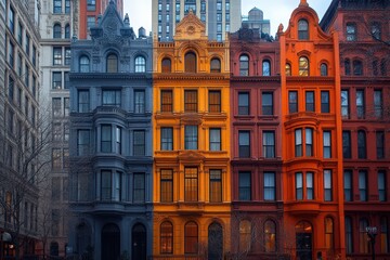 Naklejka premium Modern Architecture Harmonizes With Historic Buildings Along the Waterfront in the Evening Glow of a Vibrant Cityscape