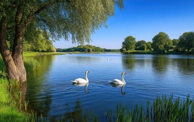 Two swans gracefully swimming on tranquil blue waters of a lake