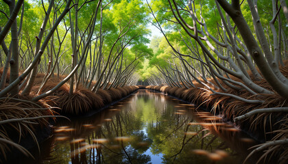 Naklejka premium Lush mangrove forest with serene waterway, natural beauty