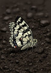 Elegant butterfly rests softly on dark wet stones dramatic low light. AI Generated