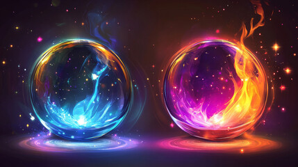 Magic crystal balls, energy spheres with light effect. Fantasy magician, sorcerer or fortune teller crystal orbs with shine, lightnings, fire and tentacles, vector cartoon illustration