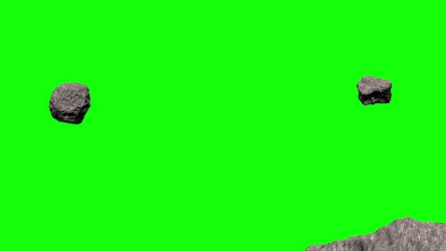Asteroids in space. Asteroids slowly rotate on a green screen animation. Realistic animation of asteroids on green background. 4K video. Chromakey.