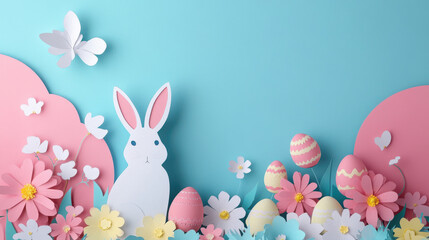 Obraz premium easter day with an rabbit and pastel easter eggs among flowers agaisnt pastel background 