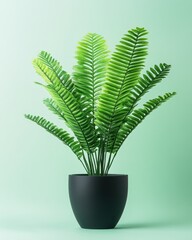 A vibrant green fern plant displayed in a sleek black pot stands out against a soft mint background. The leaves are lush and finely detailed, creating a calming atmosphere