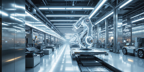 Obraz premium Futuristic High-Tech Manufacturing Plant A sleek, futuristic manufacturing plant with robotic assembly lines and advanced machinery. The room is brightly