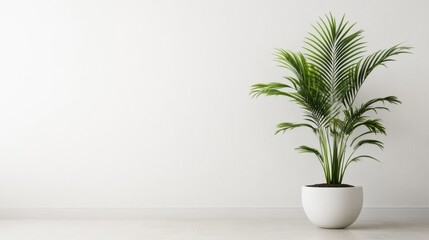 A lush green palm plant stands in a contemporary white pot, positioned against a plain wall in a bright, airy space. The design highlights a natural aesthetic