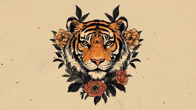 Traditional tattoo-style illustration of a tiger head with flowers around it, a symmetrical design featuring classic motifs and symbols, on a light beige background.