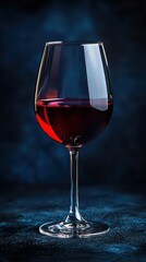 Naklejka premium A beautifully shaped glass holds deep red wine, gleaming under soft light against a dark background, highlighting the wine's rich texture and hue