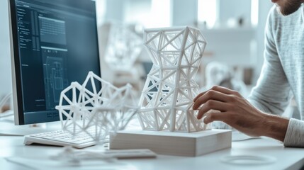 A 3D designer creating architectural models, design studio with CAD software and 3D printed prototypes in the background, High-tech style
