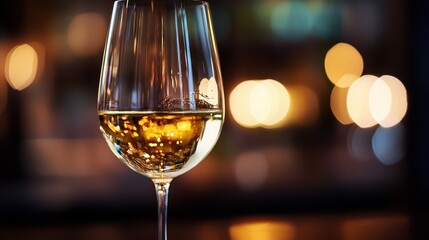A glowing glass of white wine sits on a polished bar table as soft, warm lights create a cozy atmosphere in the background during the evening hours