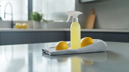 Clean kitchen table with disinfectant spray and towel, showcasing a simple sanitizing routine for hygiene and safety.