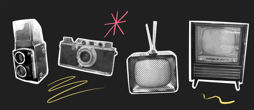 Retro camera, vintage TV set, black and white halftone collage. Nostalgic tech collection collage stickers set, zine doodle design elements