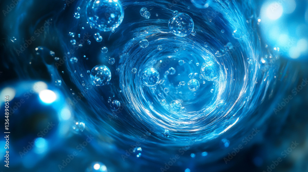 Wall mural luminous bubble swirl effects in blue color with transparent spheres along curved paths. glowing spi