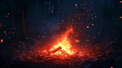 Red fire sparks overlay effect, burning campfire flame with ember particles flying in air at night. Abstract magic glow, energy blaze and shine on black background. Realistic 3d vector illustration