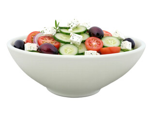 Greek Salad A fresh and colorful Greek salad with cucumbers, ripe tomatoes, red onions, Kalamata olives, feta cheese, and