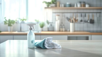 Clean kitchen table with disinfectant spray and towel, showcasing a simple sanitizing routine for hygiene and safety.