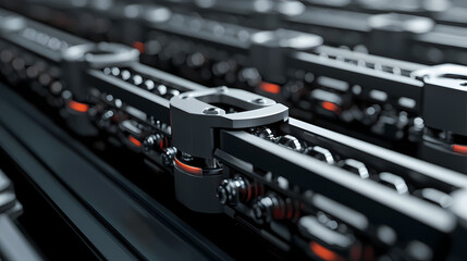 A close-up view of interconnected mechanical components, showcasing precision engineering and sleek design in a dark, industrial setting.
