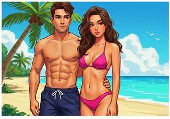 Smiling couple enjoys vibrant tropical beach scene sun-kissed skin glows under bright sunlight. AI Generated